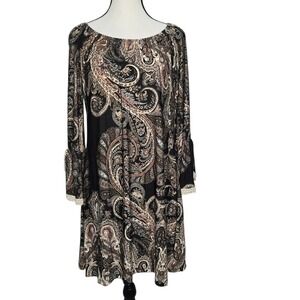Tee For The Soul Paisley Print Dress Long Sleeve Lace Trim Women's Large
